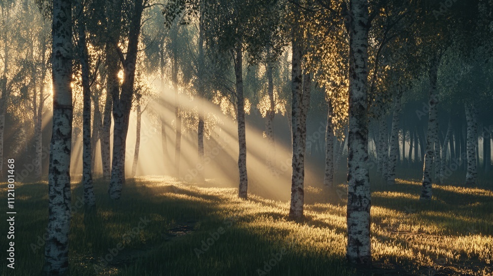 Poster sunrise in a misty birch forest with sunlight rays filtering through tree trunks illuminating fresh 