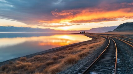 Sunrise over tranquil lake with salt mining site and railway track reflecting vibrant colors in the sky