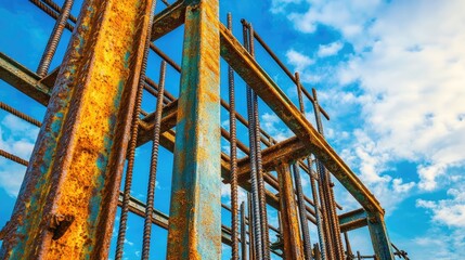 Fototapeta premium Rusty rebar framework against a blue sky showcasing industrial construction and structural elements in urban development.