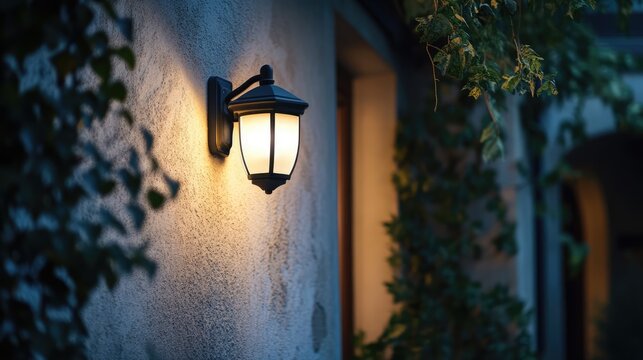 Elegant outdoor security light illuminating the entrance of a home surrounded by lush greenery at dusk.
