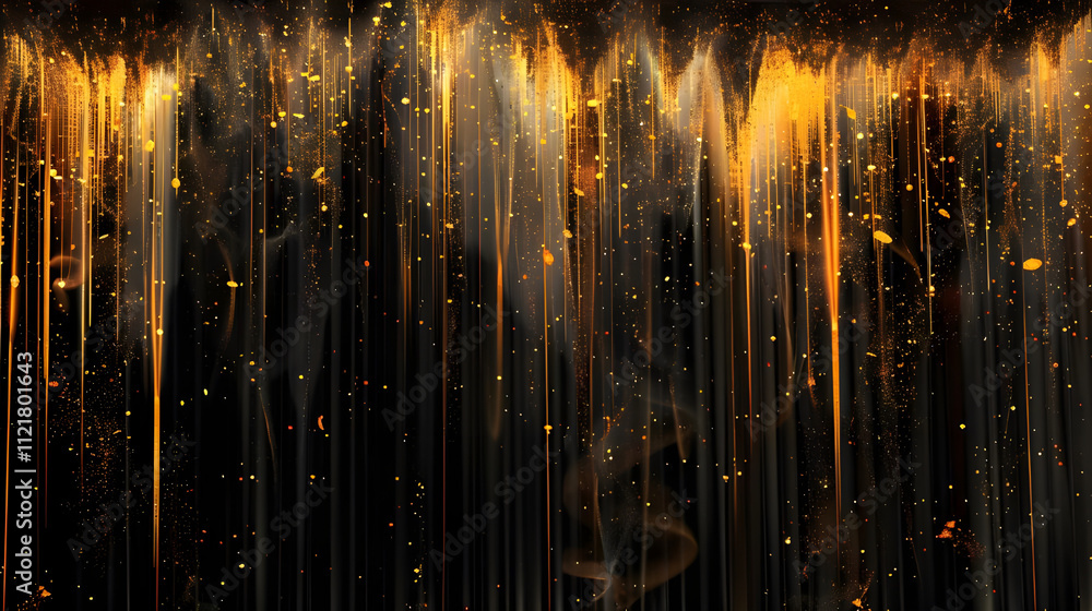 Poster abstract gold and black background with light streaks and sparkles.