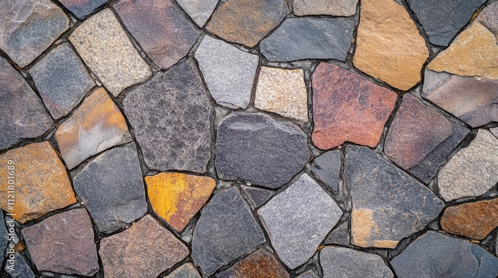 Poster textured stone pavement in various colors and shapes close up showing granite cobblestones for archi