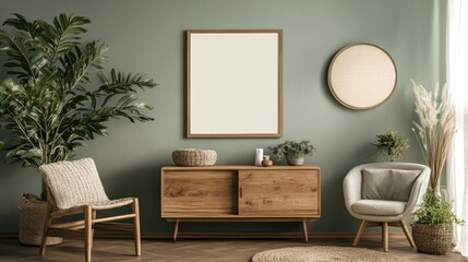 Stylish living room interior design featuring sage green walls, modern furniture, and creative accessories with mockup poster frame and plants