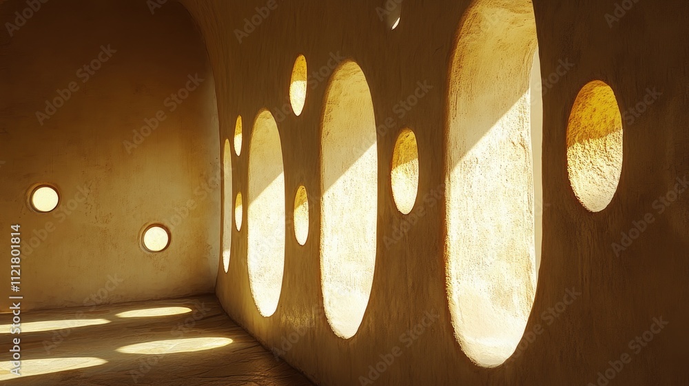 Poster sunlight streaming through circular windows illuminating cream colored walls in a modern architectur