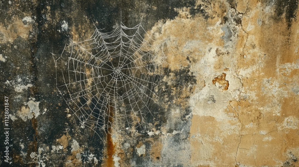 Poster delicate spiderweb on textured, weathered wall showcasing age and intricate details in an artistic m