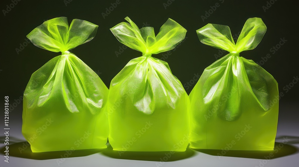 Poster Three vibrant neon green bags ready for use casting soft shadows in a minimalistic setting highlighting their texture and color.