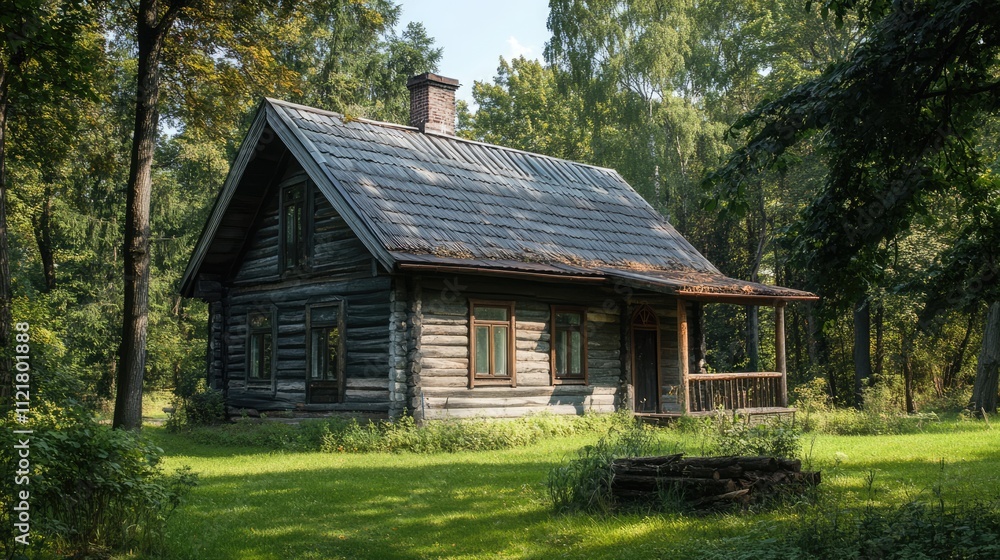 Aufkleber Rustic wooden house surrounded by lush greenery showcasing traditional architecture and serene countryside landscape in daylight