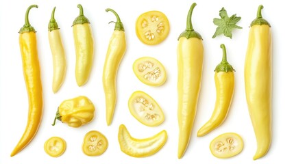 Fresh yellow sweet peppers whole and sliced arranged on a white background showcasing their vibrant color and texture aerial view concept