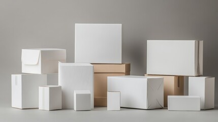 Collection of assorted white cardboard boxes in various shapes and sizes arranged on a neutral background for packaging design concepts