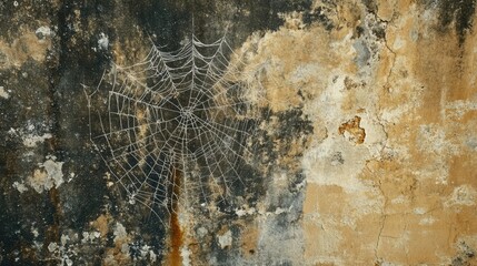 Delicate spiderweb on textured, weathered wall showcasing age and intricate details in an artistic macro view.