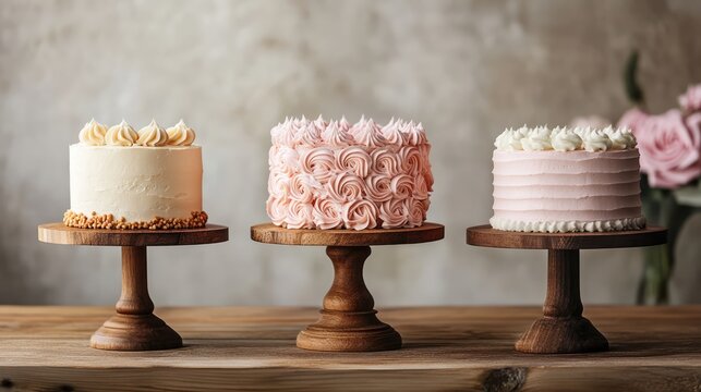 Elegant three-tiered cake display showcasing assorted frosted cakes on wooden stands against a neutral backdrop perfect for bakery promotions.