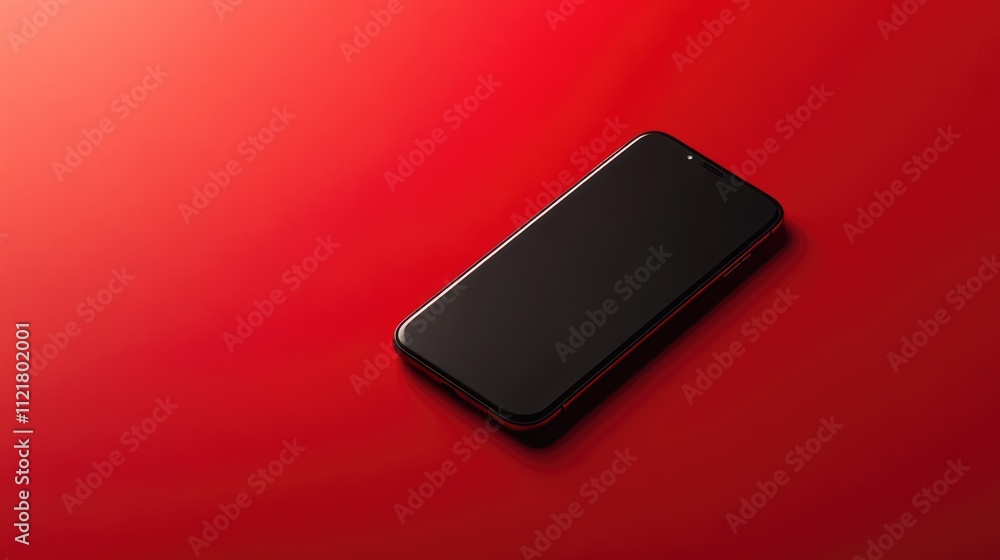 Poster Smartphone placed on vibrant red surface creating a modern and striking visual composition for technology and marketing themes