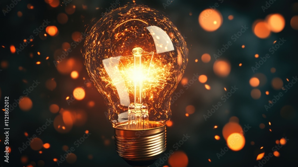 Poster illuminating energy concept with glowing light bulb surrounded by dynamic sparks and bokeh effect sy