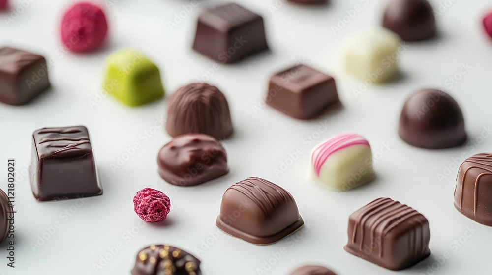 Poster assorted gourmet chocolates in various shapes and colors arranged artfully on a white background for