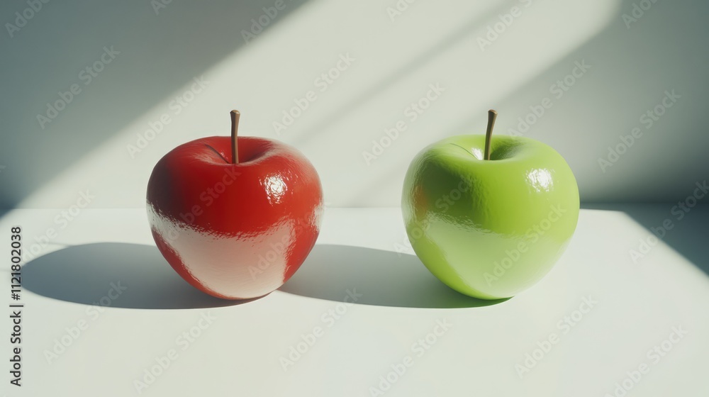 Poster Fresh red and green apples displayed elegantly on a clean white background with soft shadows highlighting their vibrant colors.