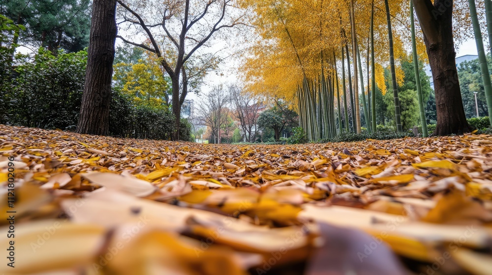 Poster bamboo grove with vibrant yellow trees and fallen leaves creating a serene outdoor park scene in aut