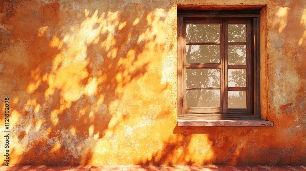Aufkleber sunlit adobe wall with wooden window illuminated by nature's shadow patterns