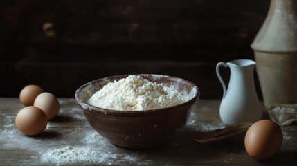 Fototapeta premium Rustic still life composition with a bowl of flour, eggs, and milk on a wooden table showcasing baking ingredients and a farmhouse aesthetic
