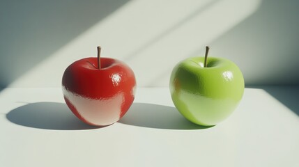 Fresh red and green apples displayed elegantly on a clean white background with soft shadows highlighting their vibrant colors.