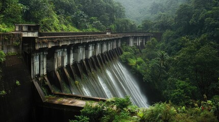 Serpentine dam surrounded by lush greenery showcasing concrete overflow and natural landscape in a tranquil environment.