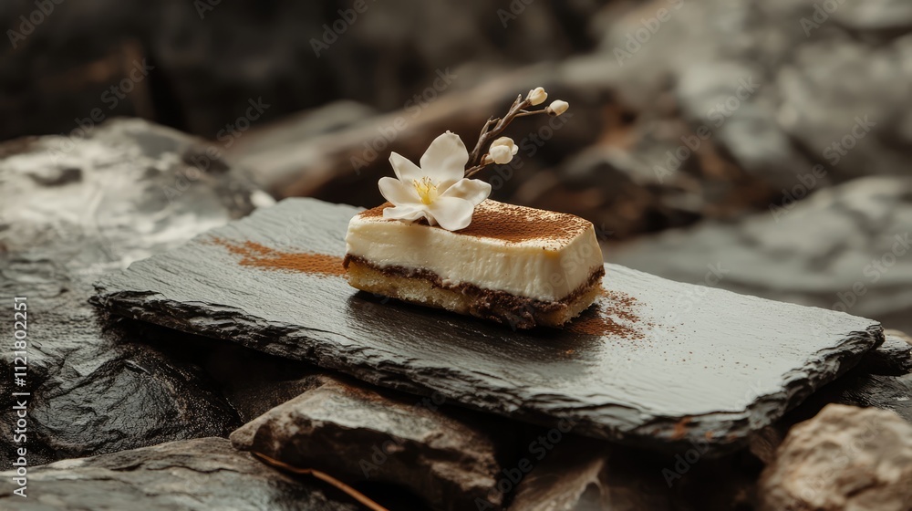 Poster elegant tiramisu dessert on a slate plate adorned with a flower set against a rustic wooden backdrop