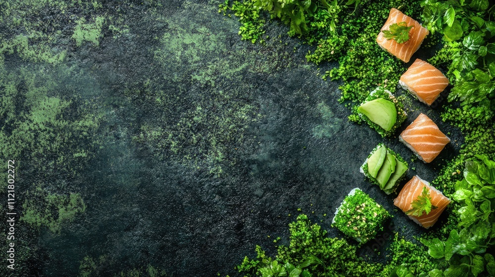 Aufkleber sushi maki with salmon and avocado arranged on a rustic background with space for your text perfect 