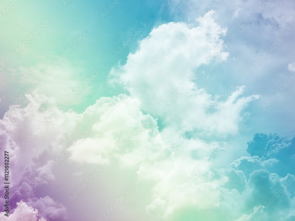 Wall mural beauty sweet pastel purple and green colorful with fluffy clouds on sky. multi color rainbow image. 
