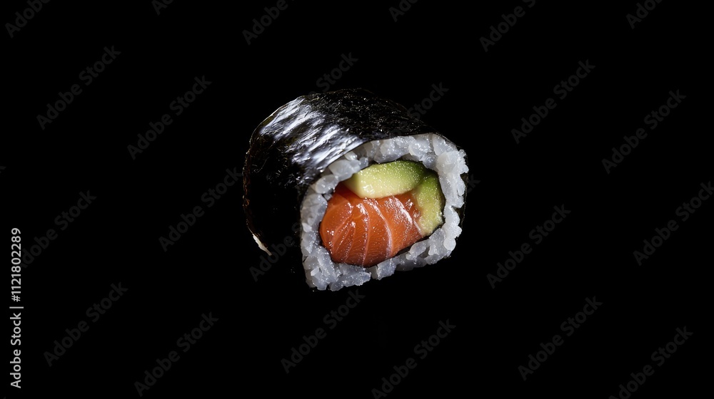 Poster sushi maki roll with salmon avocado and nori on black background rustic design with space for text a