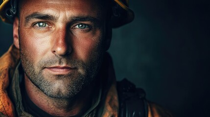 Confident firefighter portrait with serious expression against dark background showcasing determination and professionalism in emergency services.