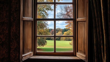 Charming rustic window view showcasing vibrant autumn foliage and a peaceful green landscape beyond the wooden frame