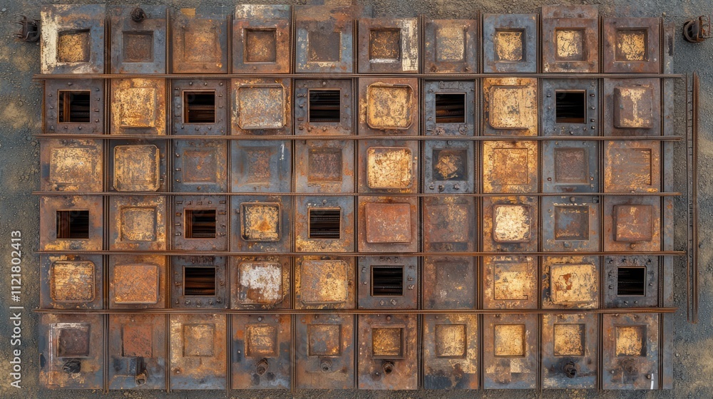 Aufkleber rusty metal framework with a grid of square openings showcasing industrial texture and weathered ele