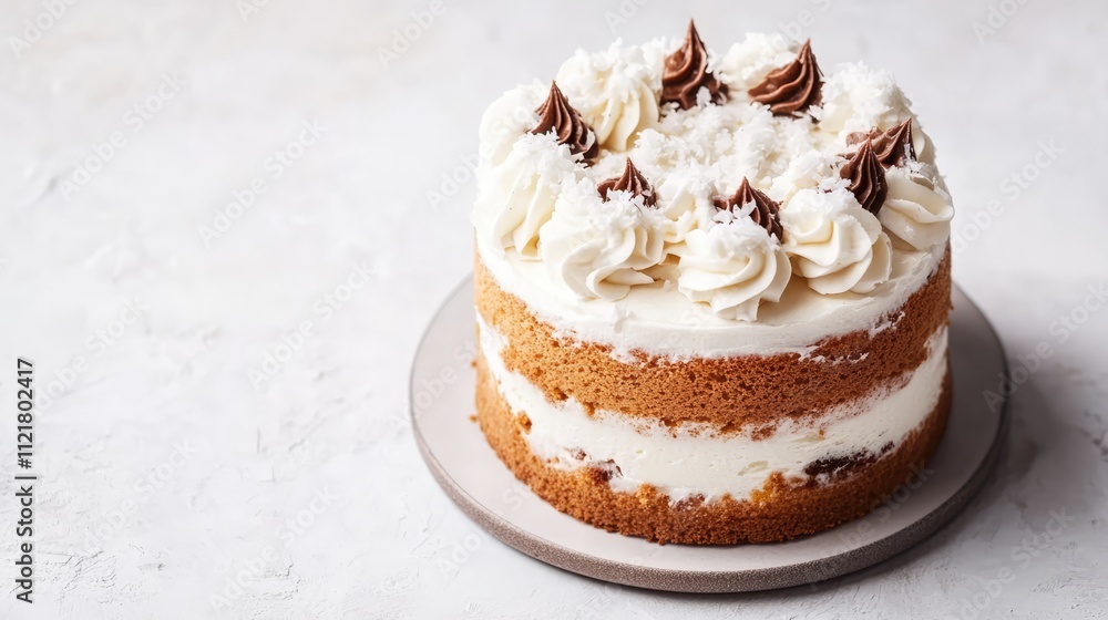 Aufkleber delicious layered cake adorned with creamy frosting and coconut shavings on a neutral backdrop perfe