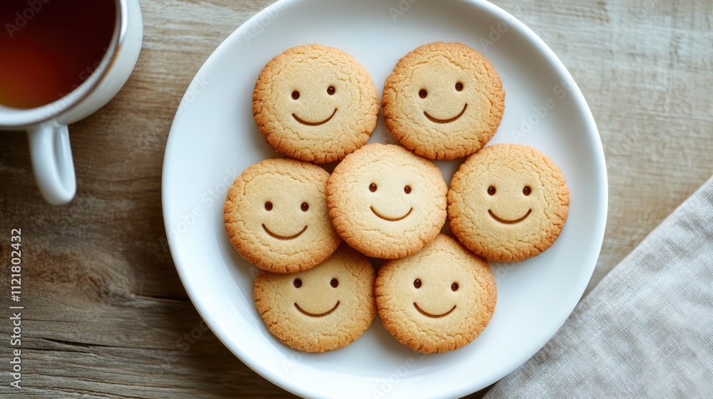 Poster top view of smiley face cookies arranged on a white plate beside a cup of tea on a wooden table crea