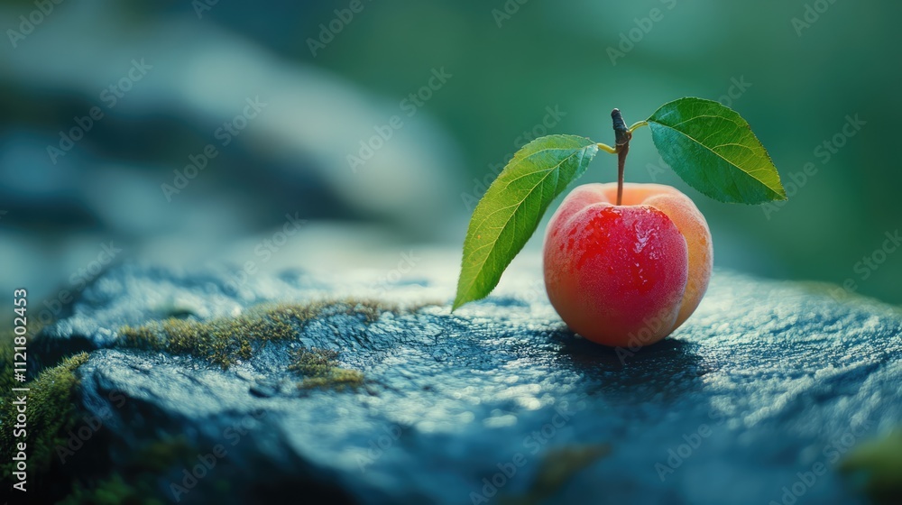 Aufkleber Fresh apricot with leaves resting on a textured stone surface in a serene natural setting