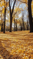Shimmering yellow leaves blanket the forest floor in this serene autumn landscape, where tall trees stretch toward a bright blue sky, highlighting nature's peaceful beauty all around.