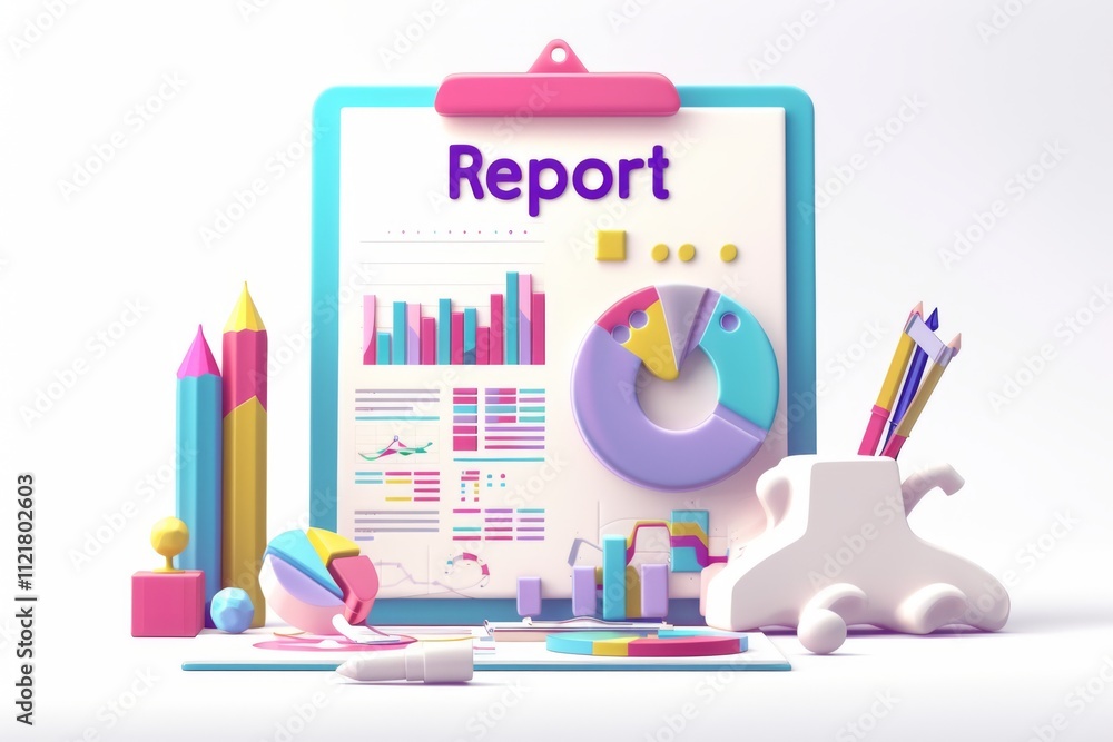 Poster colorful 3d illustration of a report board with graphs, charts, stationery items, and creative tools