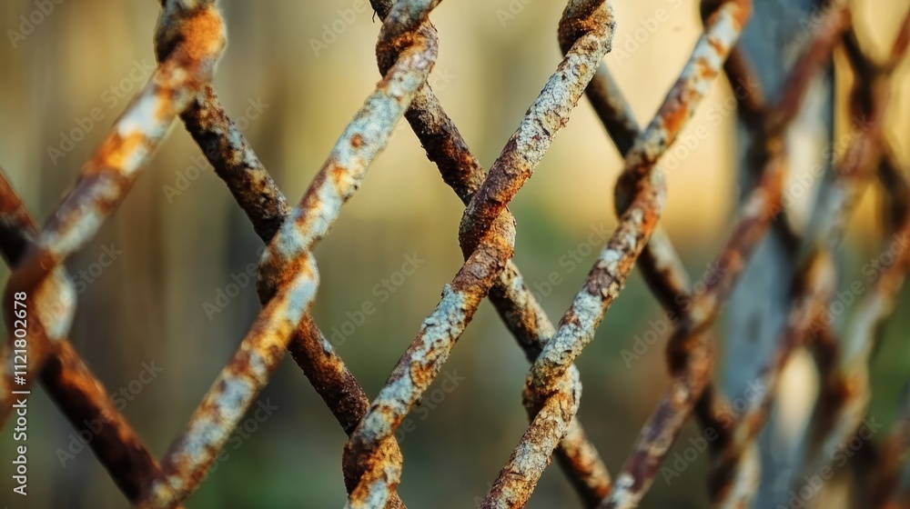Poster rusty fence grilles with selective focus against a blurred natural background showcasing weathered t