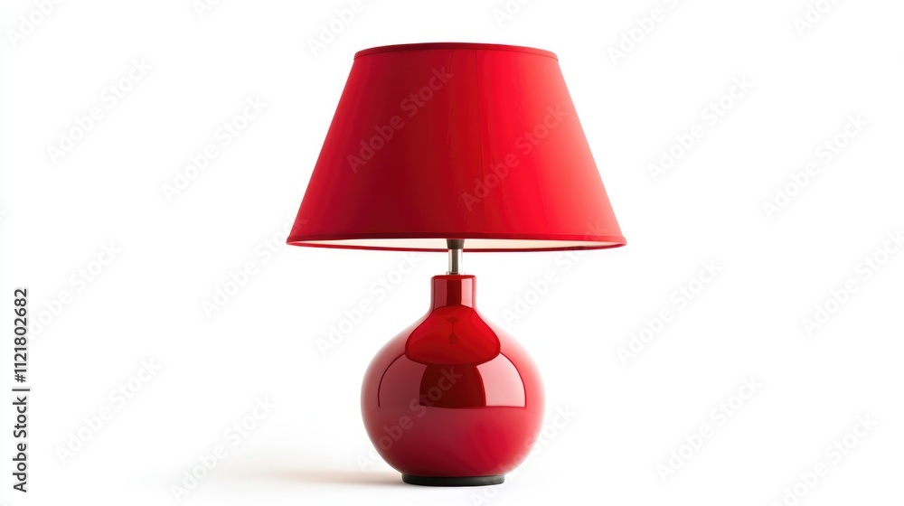 Poster Elegant red table lamp with a round base and red lampshade isolated on a white background for home decor and lighting design concepts.