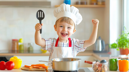 Young chef celebrates cooking in a bright kitchen