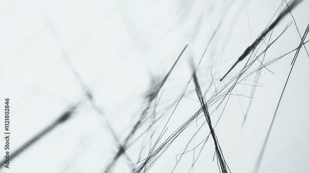 Poster Abstract close-up of sewing needles intertwined with threads on a minimalist white background showcasing craftsmanship and textile art.
