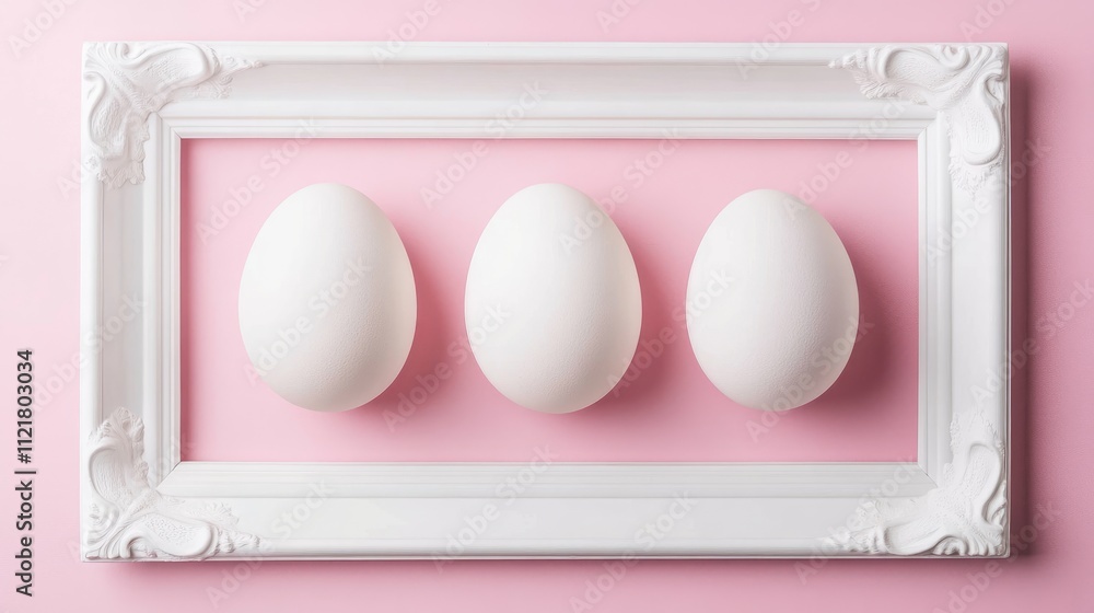 Poster Minimalist composition of three white chicken eggs displayed in an ornate white frame against a soft pink background