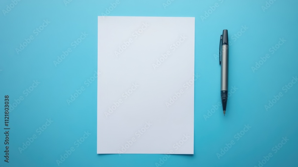 Poster Blank white paper and pen on a blue background ideal for text or design placement showcasing creativity and organization concepts