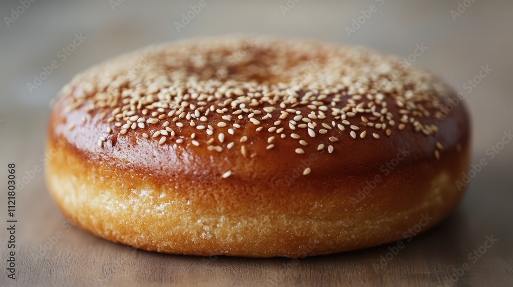 Poster classic circular cake topped with sesame seeds showcasing a golden brown crust and a moist texture o