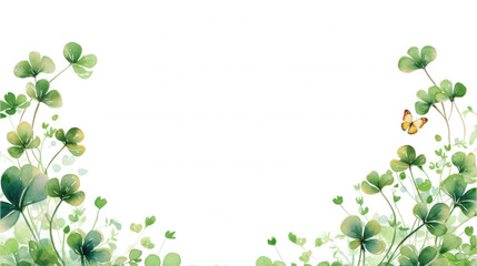 Watercolor Clover Border, Butterfly, Green Leaves, Nature Frame