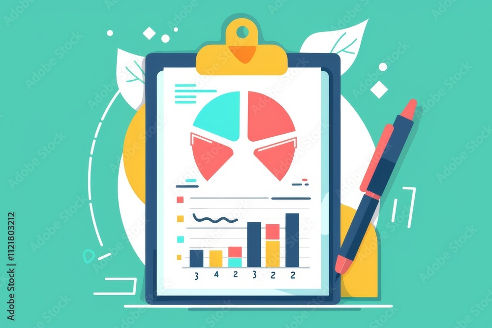 Aufkleber colorful business report clipboard with charts and graphs on a bright background, featuring statisti