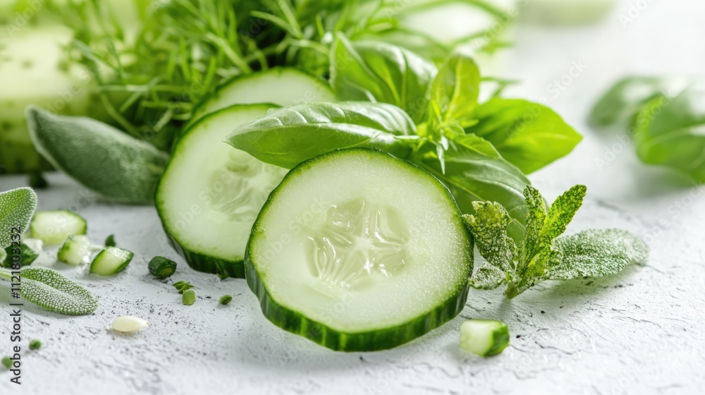 Poster fresh cucumber slices with herbs on a textured background perfect for showcasing healthy appetizers 