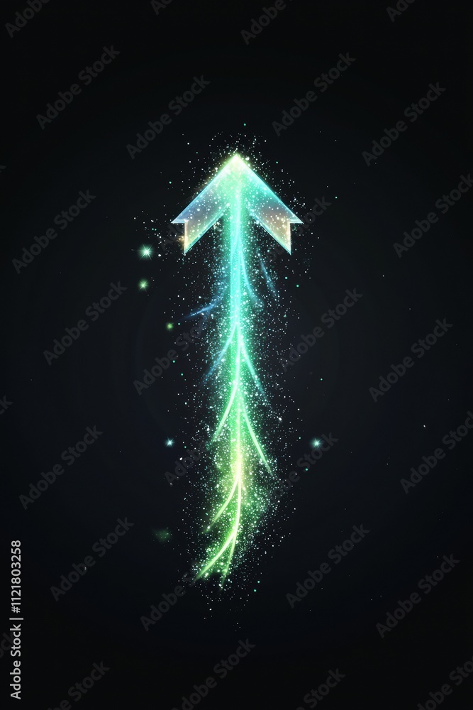 Poster glowing arrow of light particles pointing upward in dark space