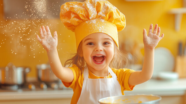 Young chef joyfully baking in a colorful kitchen
