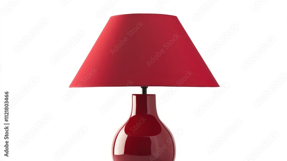 Poster red table lamp with a vibrant lampshade isolated on a white background showcasing modern lighting de