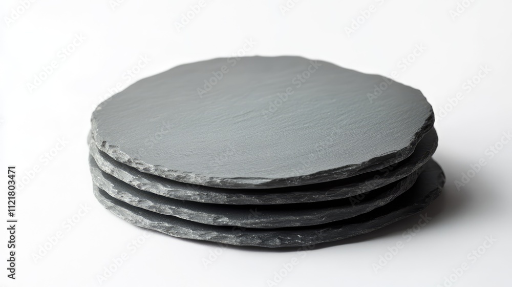 Aufkleber stack of round slate plates on a clean white background showcasing a minimalist and elegant dining p